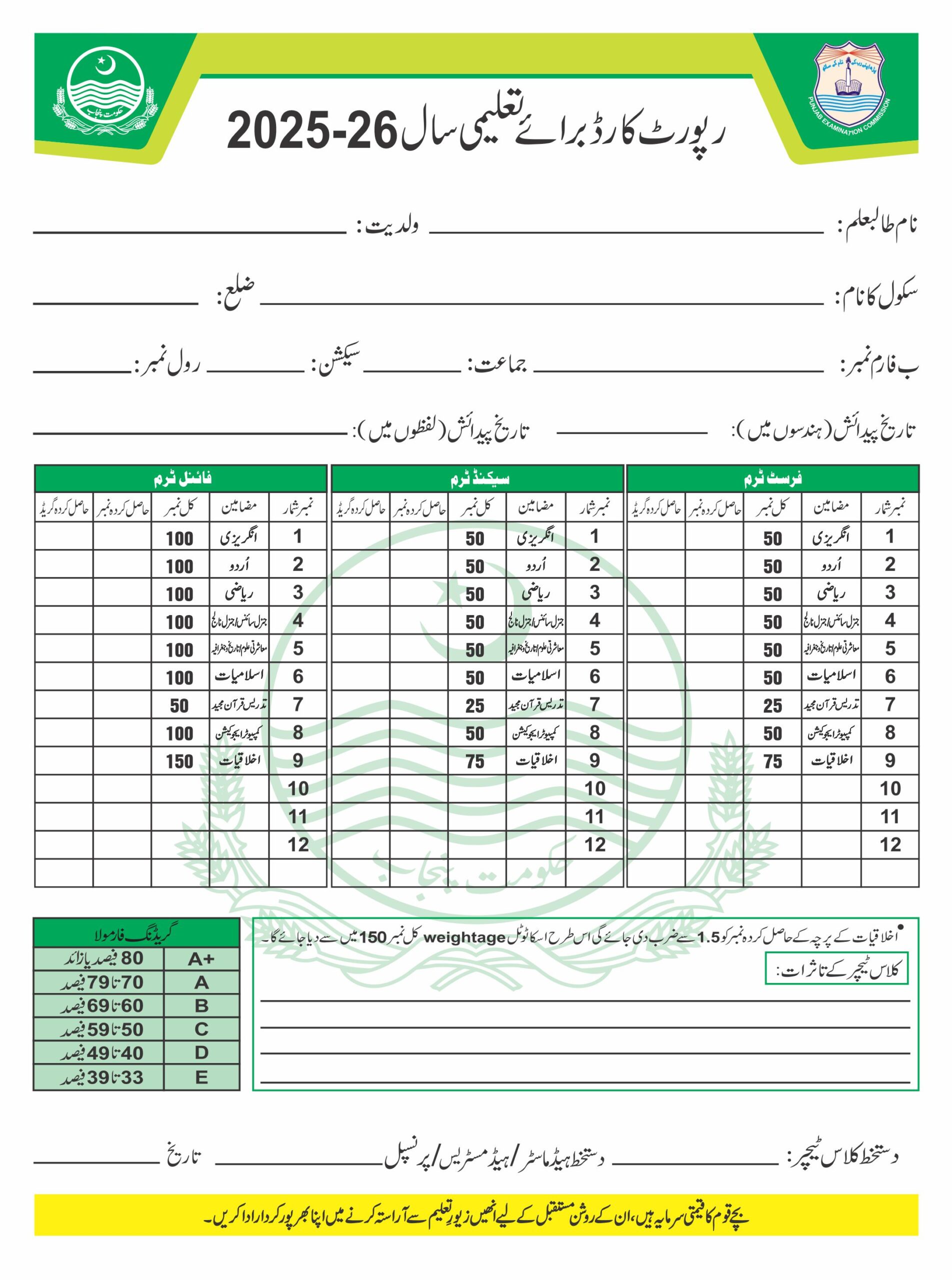 Report Card PEC Pattern (Bleech Card) - Image 2